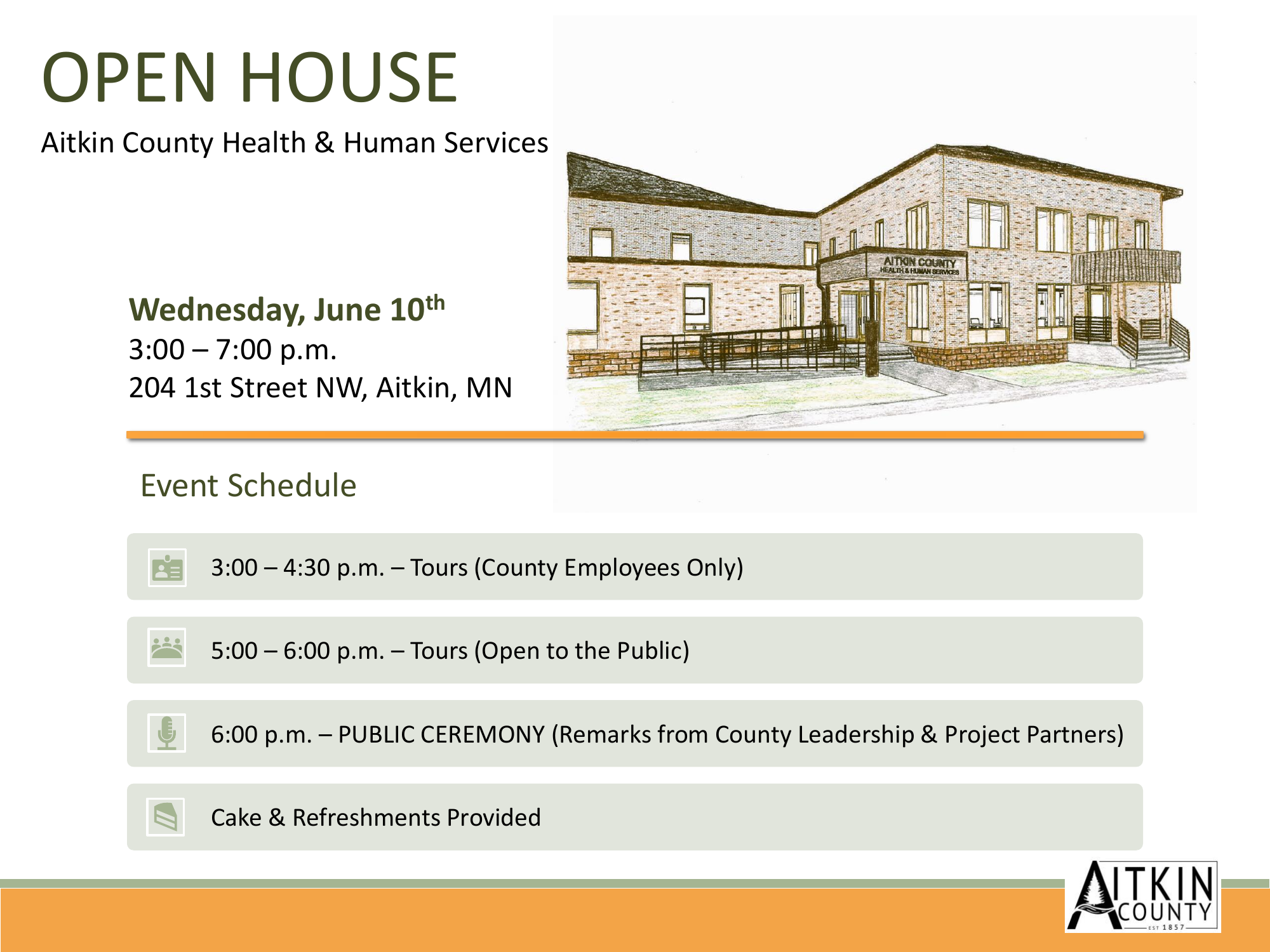 HHS Open House flyer — Wednesday, June 10, 2026, 3:00–7:00 p.m. at 204 1st Street NW, Aitkin, MN. Click for printable PDF.